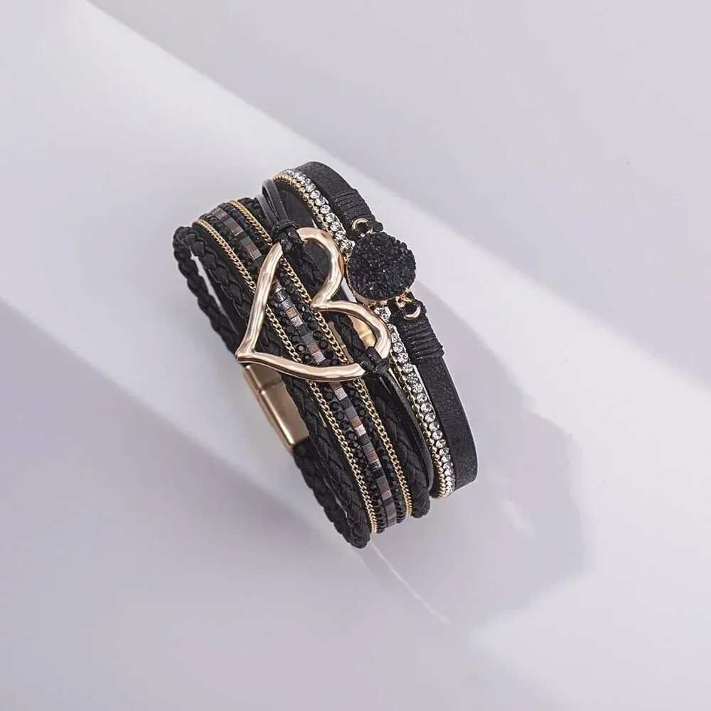 Leather Wrap Bracelet Faux Leather Boho Cuff Bangles Trendy Rhinestone